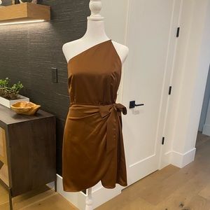 Gianni Bini Brown satin one-shoulder mock wrap skirt mini dress - size 10